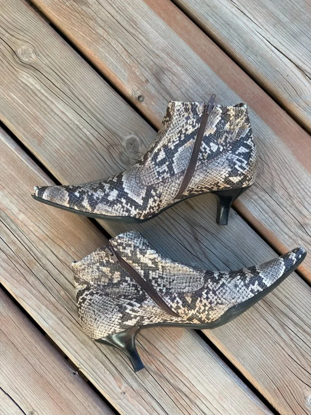 Vintage Franco Sarto Ankle Boot Brown Snakeskin Pointy Toe Kitten Heel Side Zip